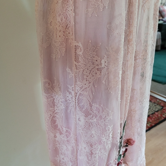 Pink Mary Cottagecore maxy lace dress with floral appliques Velvet accents Y2K - Picture 7 of 13